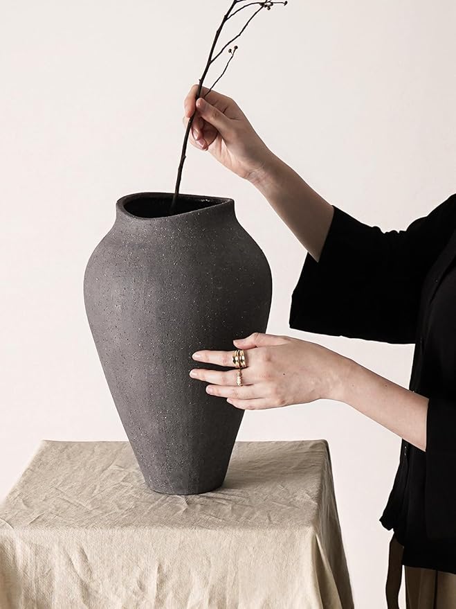 Ceramic Vase - Large 13.6 Inch Tall Floor Vase for Centerpieces, Farmhouse Rustic Minimalist Home Decor for Living Room, Enterway, Wedding (Sandstone Dark Gray)