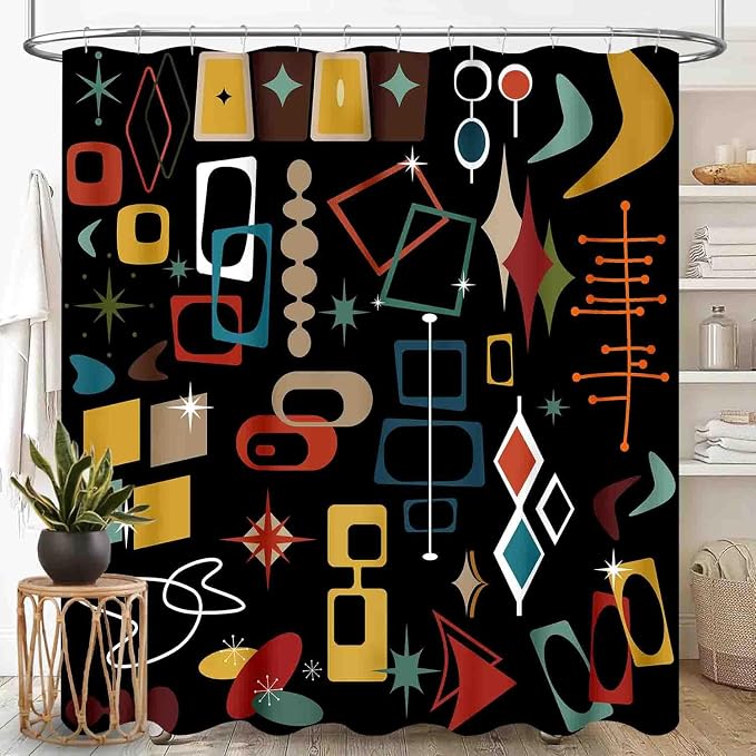 Mid Century Shower Curtain, Modern Abstract Atomic Geometric Print Pattern Colorful Black Retro 1950s 1960s Pastel Vintage Waterproof Fabric Bathroom Shower Curtain Set with Hooks, 72"x72" Inch