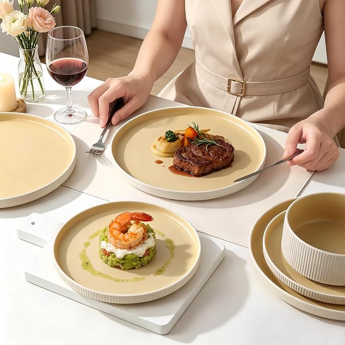 MONITO Ceramic Dinnerware Sets for 6, 18PCS Stoneware Plates and Bowls Sets, Reactive Glaze Dish Set, Chip and Scratch Resistant Double, Microwave and Dishwasher Safe, White Orange