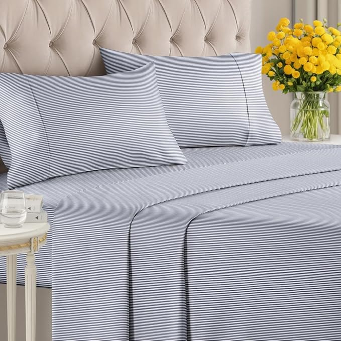 Blue and White Striped Sheets - 1 Flat & 1 Fitted Sheet & 2 Pillowcases w/ Deep Pockets - Cozy, Wrinkle & Fade Resistant - Ultra-Soft, Breathable and Cooling - Luxury Pinstripe Bedding - King Size