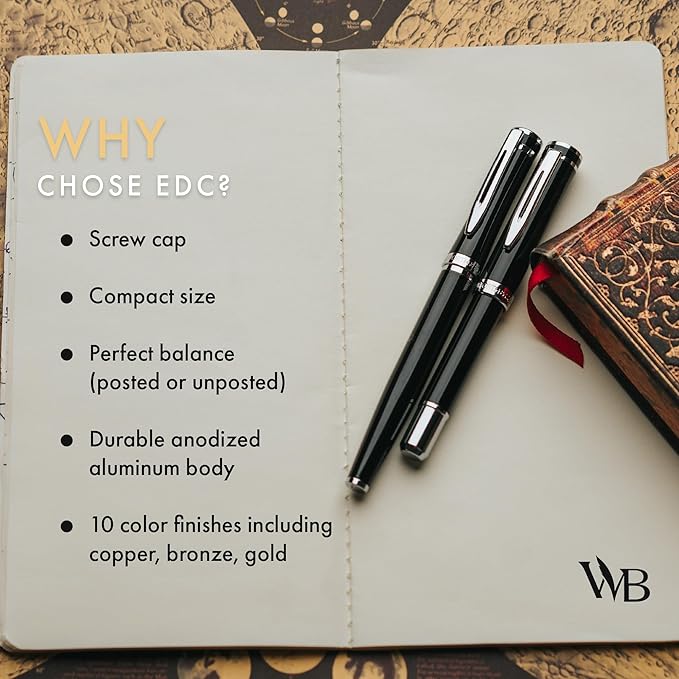 Wordsworth and Black Fountain Pen Mini EDC: Luxury Black Heavy Pocket Pen, Chrome Finish, Medium Nib, 6 Ink Cartridges, Ink Converter, Travel Refillable Writing Pen Gift Set, Men & Women