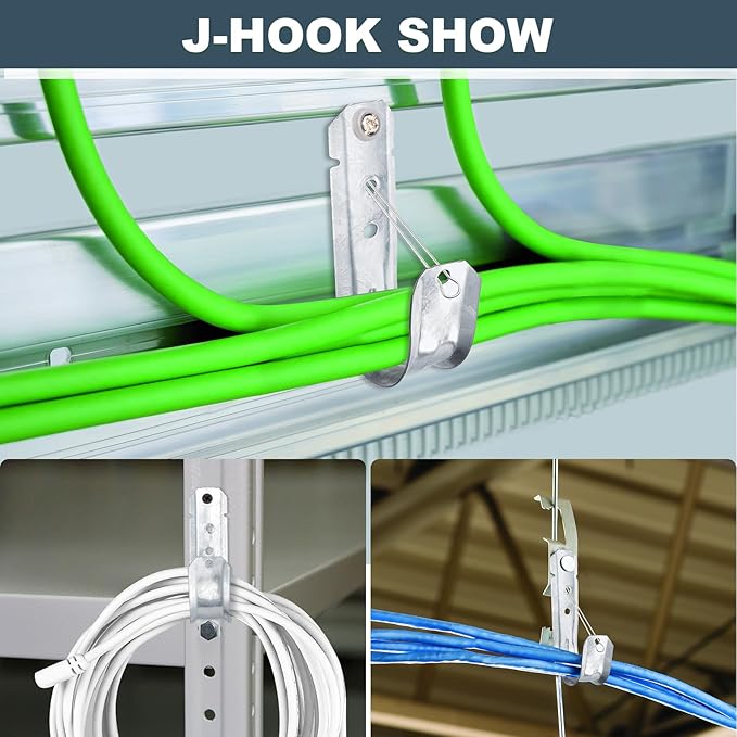 COCODE 50 Pack Wall Mount 2’’ J Hooks with Retainer Clip Galvanized Steel Cable Hangers Heavy Duty Utility Hooks Cable Management Support for Structured Cabling