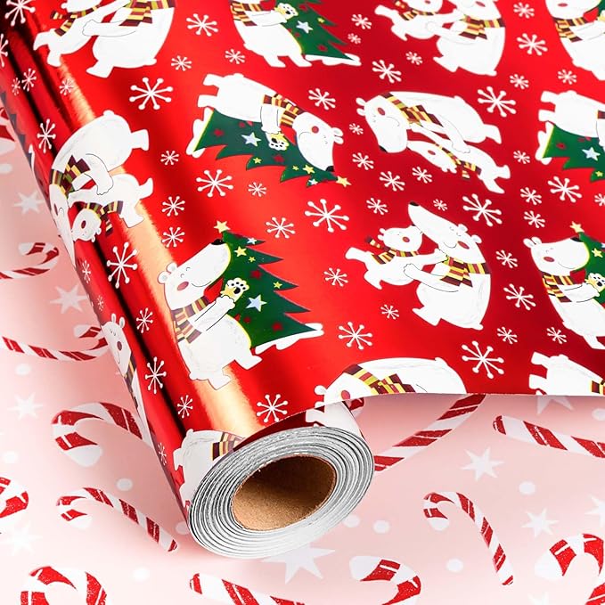 MAYPLUSS Christmas Wrapping Paper Roll - 17IN X 33FT - Red Gift Wrapping Paper Featuring white Polar Bear Christmas Tree Against Red Reversible Candy Cane for Kids, Holiday, New Year
