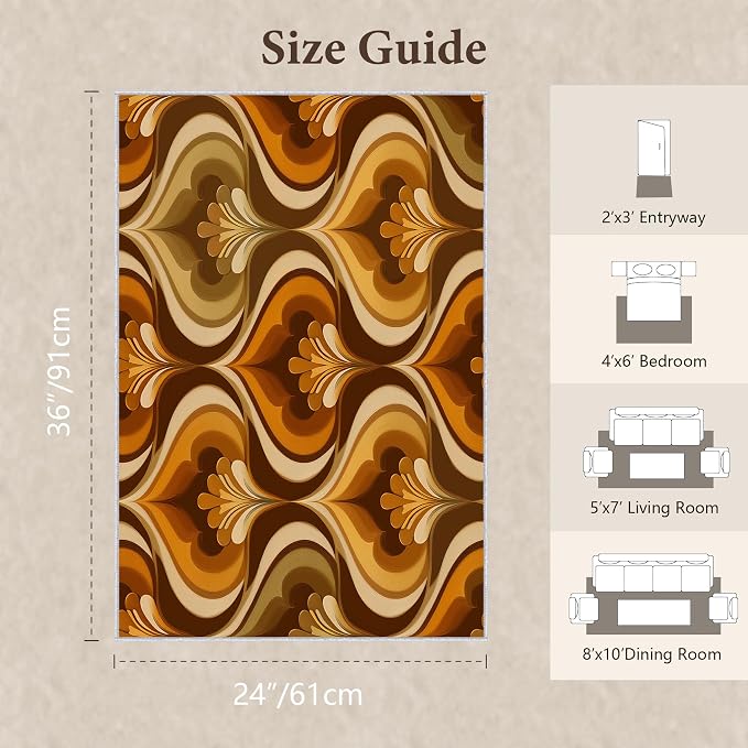 Retro 70s Area Rug 2x3, Mid Century Floral Geometric Rug, Burnt Orange Brown Vintage Carpet for Living Room Bedroom, Non-Slip Washable Area Rug