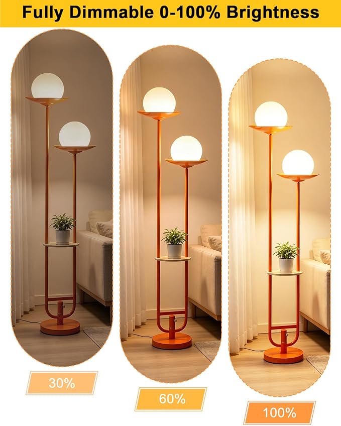 63IN Globe Floor Lamp with Shelf 2-Lights Modern Dimmable Floor Lamps with 3000K Soft Warm White Bulbs for Wedding/Party, Orange Tall Standing Lamp for Living Room/Bedroom/Home Office