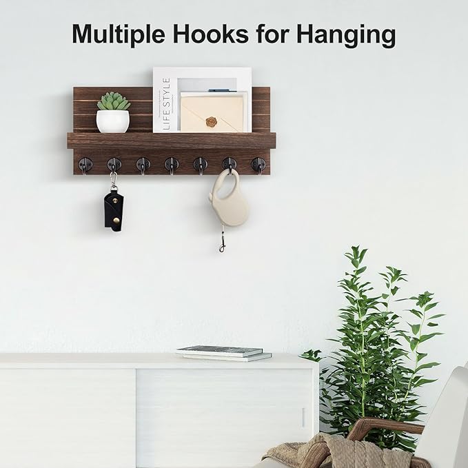 Lwenki Key Holder Wall Mount, Entryway Key and Mail Holder with 7 Sturdy Hooks for Sunglasses, Dog Leash, Decorative Wall Shelf with Mounting Hardware, 15”W x 6.7”H x 4.2”D (Brown)