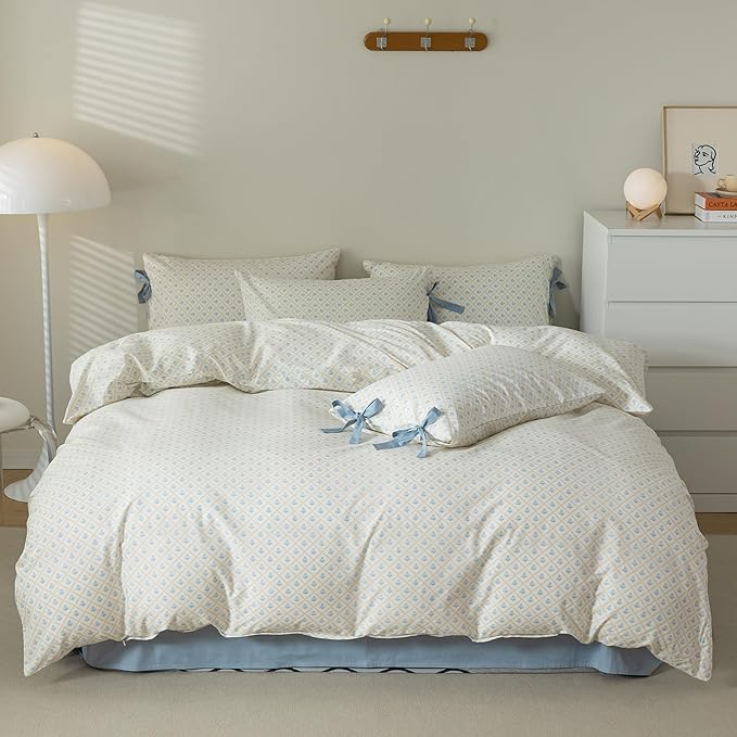AOJIM Blue Floral Bedding Duvet Cover Full Size, Pure Cotton Comforter Cover Set 3pcs with Plaid Design for Kids Adults, 1 Soft Duvet Cover 80x90'' with Zipper Closure and 2 Pillowcases with Bowknot