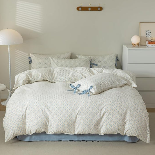 AOJIM Blue Floral Bedding Duvet Cover Full Size, Pure Cotton Comforter Cover Set 3pcs with Plaid Design for Kids Adults, 1 Soft Duvet Cover 80x90'' with Zipper Closure and 2 Pillowcases with Bowknot