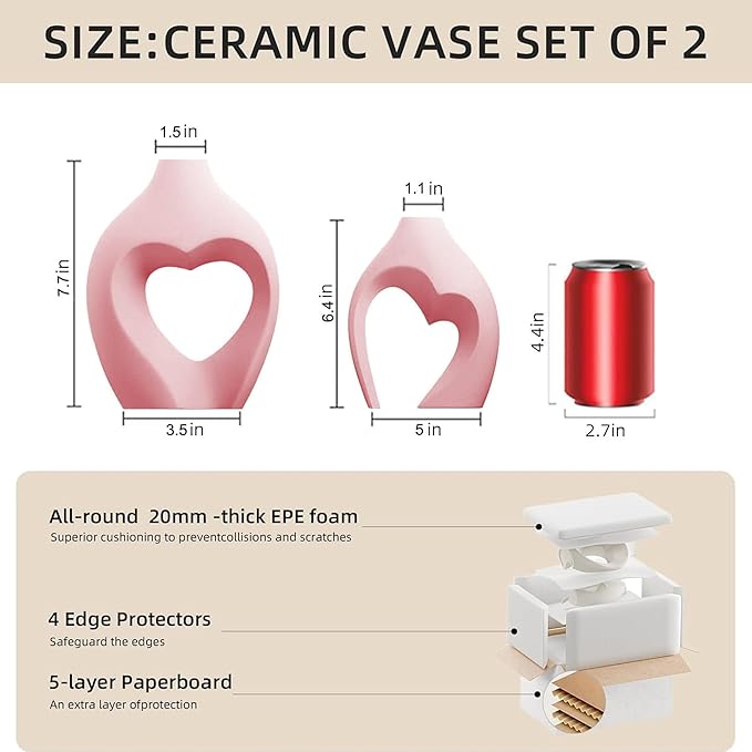 Pink Heart Shaped Ceramic Vases Set of 2, Modern Nordic Minimalist Flower Vases for Home Decor, Hollow Aesthetic Vases for Living Room, Shelf, Table, Office and Wedding Centerpieces