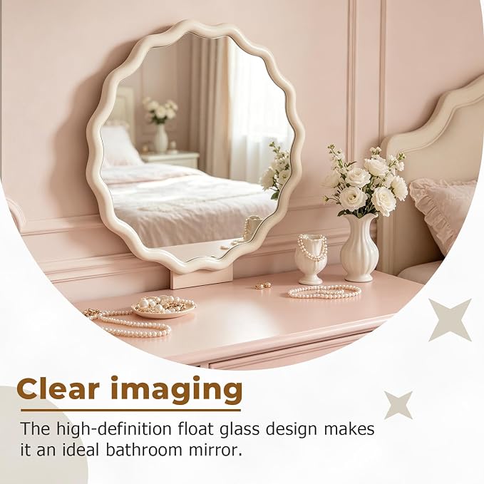 24" Wavy Edge Round Mirror, Solid Wood Framed Wall Decor with Clear Reflection for Bathroom, Bedroom, Living Room & Entryway (White)