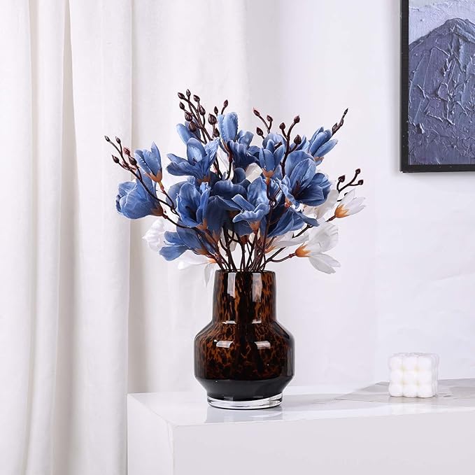 Amber Vase – Brown Glass, Modern Clear Glass Vase with Wide Mouth for Flowers, Decorative Bottles for Home Decor, Farmhouse Centerpiece, Round Art Glass Vase for Living Room, Kitchen, Office (S)