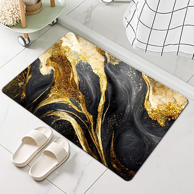 Diatomaceous Earth Bath Mat,Black Grey Gold Marble Texture Non-Slip Volume Super Absorbent Fast Drying for Bathroom Kitchen Door mat,Eco-Friendly Easy to Clean 20×31Inch(50 * 80cm)