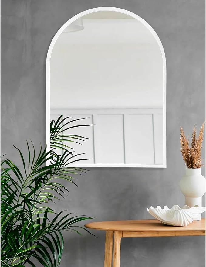 Wall Mirror Arched Metal Framed Mirrors for Wall Modern Hanging Mirror with Aluminum Frame for Bathroom Bedroom Living Room Entryway Home Decor White 28"x20"