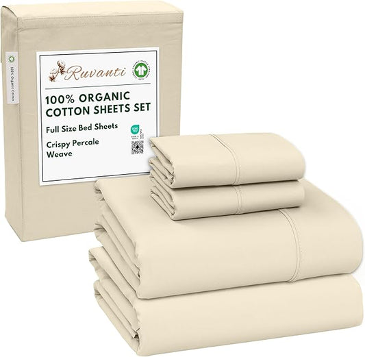 RUVANTI 100% Organic Cotton Sheets Full Size, Percale Weave, GOTS Certified, 4-Piece Set, Deep Pocket 15", Crisp & Breathable, Soft Durable Bedding, Sábanas Algodón Orgánico – Cloud Cream