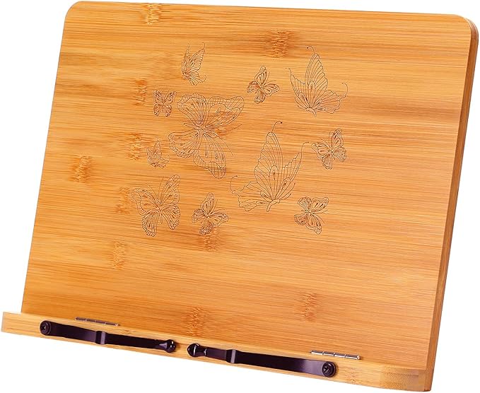 MEGREZ Bamboo Book Stand 13.2 x 9.4 inch, Foldable Cookbook Holder with 6 Adjustable Height, Reading Book Holder for Recipe, Music Book, Textbook, Tablet Stand, Butterflies