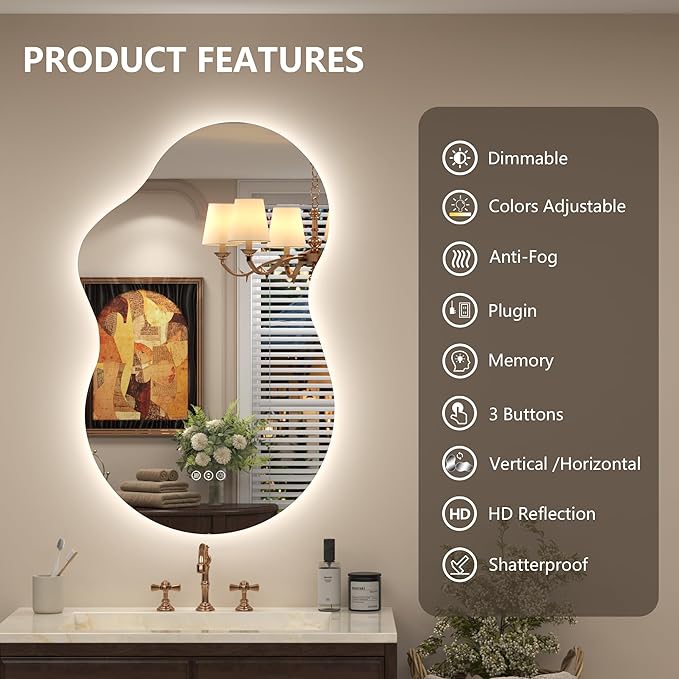 20x32 Inch Irregular Backlit Bathroom Mirror with Lights, Asymmetrical Cloud Lighted Vanity Mirror for Wall, Anti-Fog, Dimmable, Memory, 3 Colors (Horizontal/Vertical)