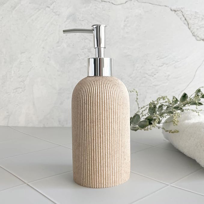 Sand Beige Hand Soap Dispenser for Bathroom and Kitchen with Pump, Luxury Farmhouse Style, Lotion, Dish Soap Dispenser, Sandstone Finish, Rust Proof, 7oz (Silver Pump)