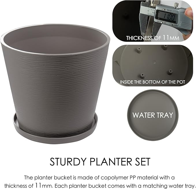 Kozyard 2Packs Round Planter Indoor Outdoor Plant Pots with Tray Collecting Water for Porch, Patio, Backyard Planters Modern Décor for Tall Plants Flowers GrayishBrown