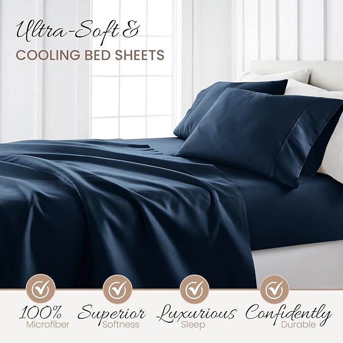 Linen Market Brushed Microfiber Full Sheet Set 4 Piece – Oeko-TEX Certified Ultra Soft & Wrinkle-Free - 16" Deep Pocket Sheets - Easy Care Full Size - Navy