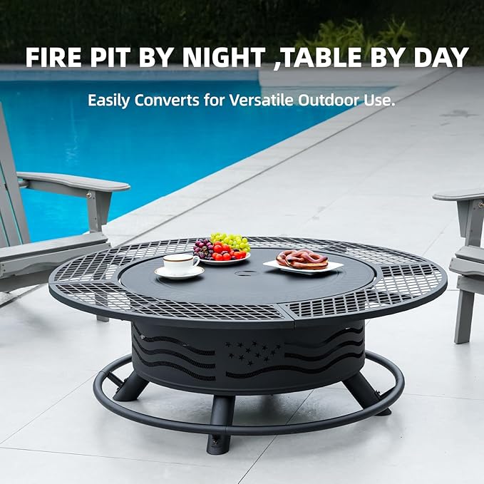 Panovue 47 Inch Fire Pit with 2 Cooking Grates, Outdoor Wood Burning BBQ Grill Firepit Bowl with Cover Lid, Steel Round Table for Backyard Bonfire Patio Picnic (Black, 47IN)
