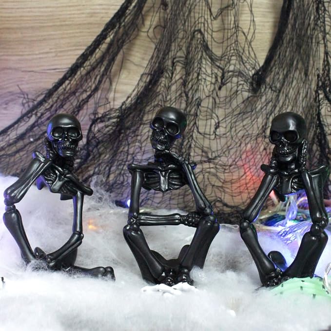 Black Skeleton Decor Set of 3, Thinker Skeleton Figurines for Home Decor, Gothic Shelf Decor Aesthetic, Resin Halloween Decorations for Bookshelf, Desk, Coffee Table