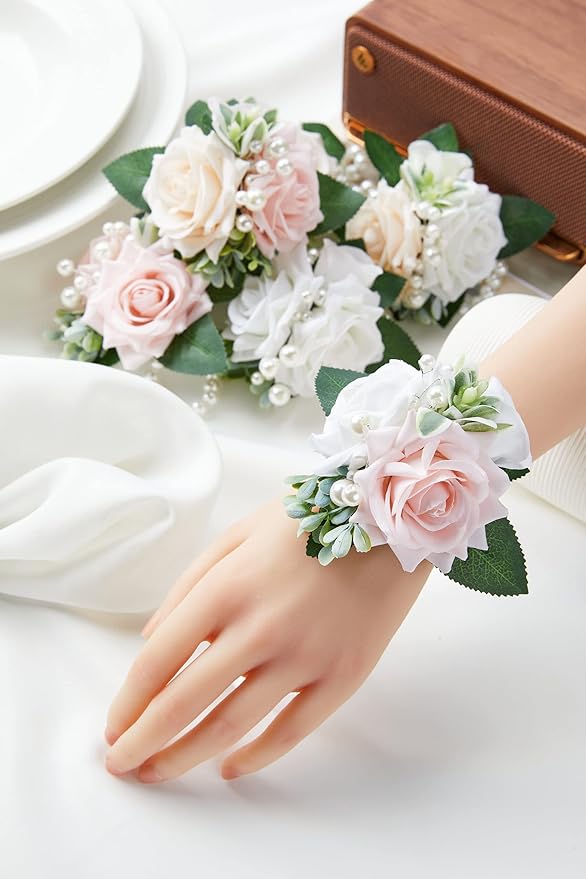 Meldel Wrist Corsage for Wedding White and Pink Rose, Set of 6, Wrist Corsages for Bride Bridesmaid Mother Wrist Flower Girl Women Prom Party, Homecoming Ceremony Anniversary