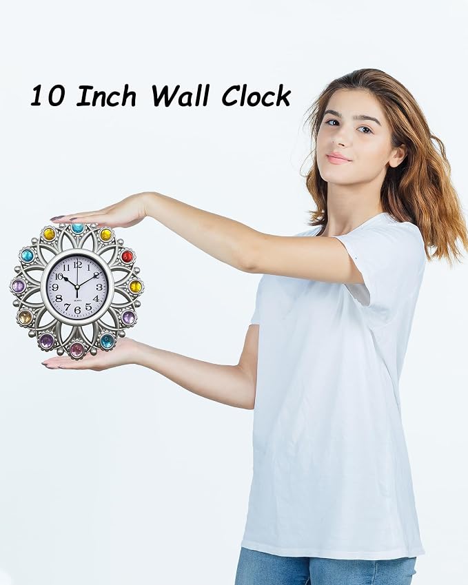 Silver Sunflower 10 Inch Small Analog Wall Clock Battery Operated, Boho Decorative Wall Clock for Kitchen, Home Kitchen, Living Room, Bathroom