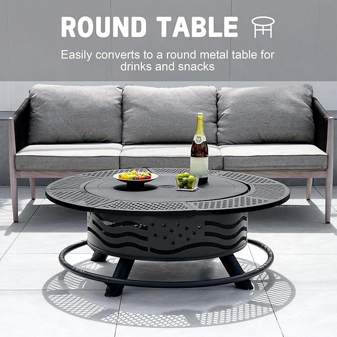 Panovue 42 Inch Fire Pit with 2 Cooking Grates, Outdoor Wood Burning BBQ Grill Firepit Bowl with Cover Lid, Steel Round Table for Backyard Bonfire Patio Picnic (Black, 42)