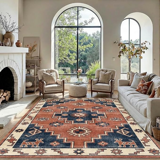 5x7 Area Rug Vintage Tribal Persian Rug with Non Slip Backing, Washable Low Pile Terracotta Red Navy Blue Carpet for Bedroom, Living Room, Dining Room, Home Office, Farmhouse