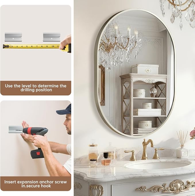 Brushed Nickel Mirror, 24"x36" Oval Bathroom Mirror, Oval Mirror with Brushed Metal Frame, Wall Mount Mirrors Decor for Bathroom, Bedroom, Entryway (Hangs Horizontally or Vertically)