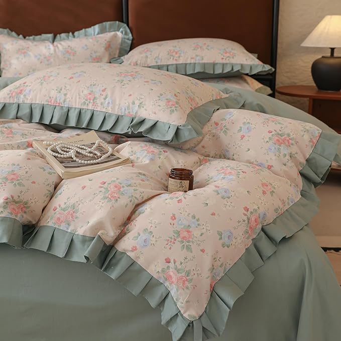 Green Ruffle Duvet Cover Twin Girls Cute Flower Bedding Set Twin 100% Cotton Romantic Lace Comforter Cover for Teen Girls Vintage Floral Botanical Duvet Cover Aesthetic Princess Lace Bedding Set