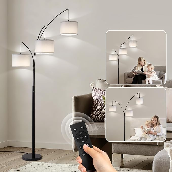 Netin 3 Light Arc Floor Lamps for Living Room, Led Floor Lamp with Remote Control, Modern 80" Tall Standing Lamp with Gray Shades, 3 Color Temperature, Mid Century Tree Floor Lamp for Bedroom, Office