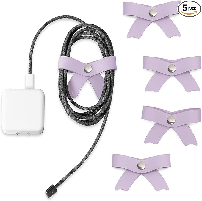 SenseAGE 5 Pack Cord Organizer, Bow Cord Keeper, Cable Organizer USB Holder, Leather Cable Management, Cable Straps, Earphone Winder, Storage Straps for Electronics, Earbuds, Big, Purple