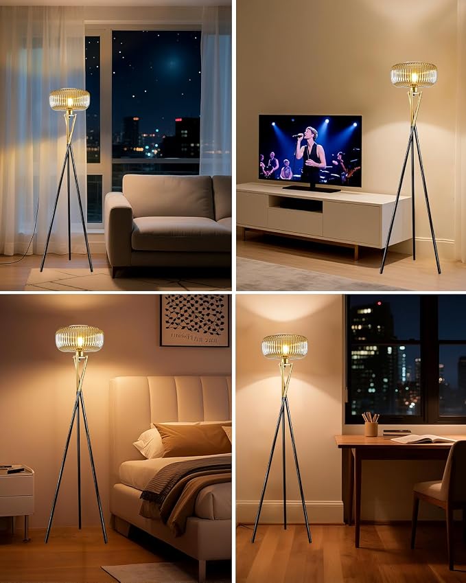 Lightdot Glass Tripod Floor Lamp for Living Room, Modern Gold&Black Standing Lamp with Ribbed Brown Glass Shade, Arc Tall Lamp for Bedroom/Reading Room/Sofa Beside/Corner Decor (Bulb Included)