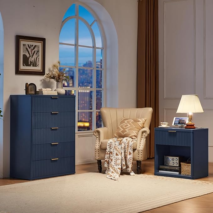 LEYAOYAO Fluted Nightstand with Charging Station, 23" Wide 1 Drawers End Table,Blue Night Stand with Open Storage Cabinet, Farmhouse Bed Side Tables, Wood Dresser for Bedroom, Living Room, Closet