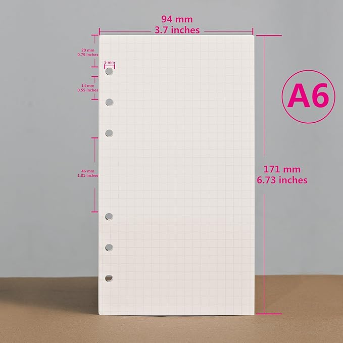 A6 Loose Leaf Refill Paper, 171x94mm, 135 Sheets 5mm Grid Planner Refills, 6-Ring Binder Compatible, 100GSM Insert Papers for Notebooks, School, Office, College Notes, Journaling & Printing
