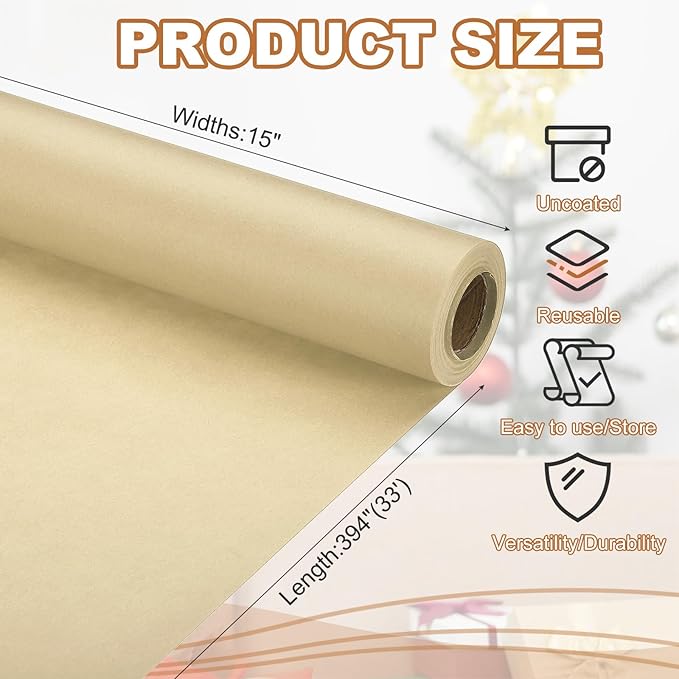 PATIKIL Wrapping Paper, 15" x 394"(33') 70 GSM Craft Paper Roll Kraft Packing Paper for Poster Bulletin Board, Gift Wrapping, Brown