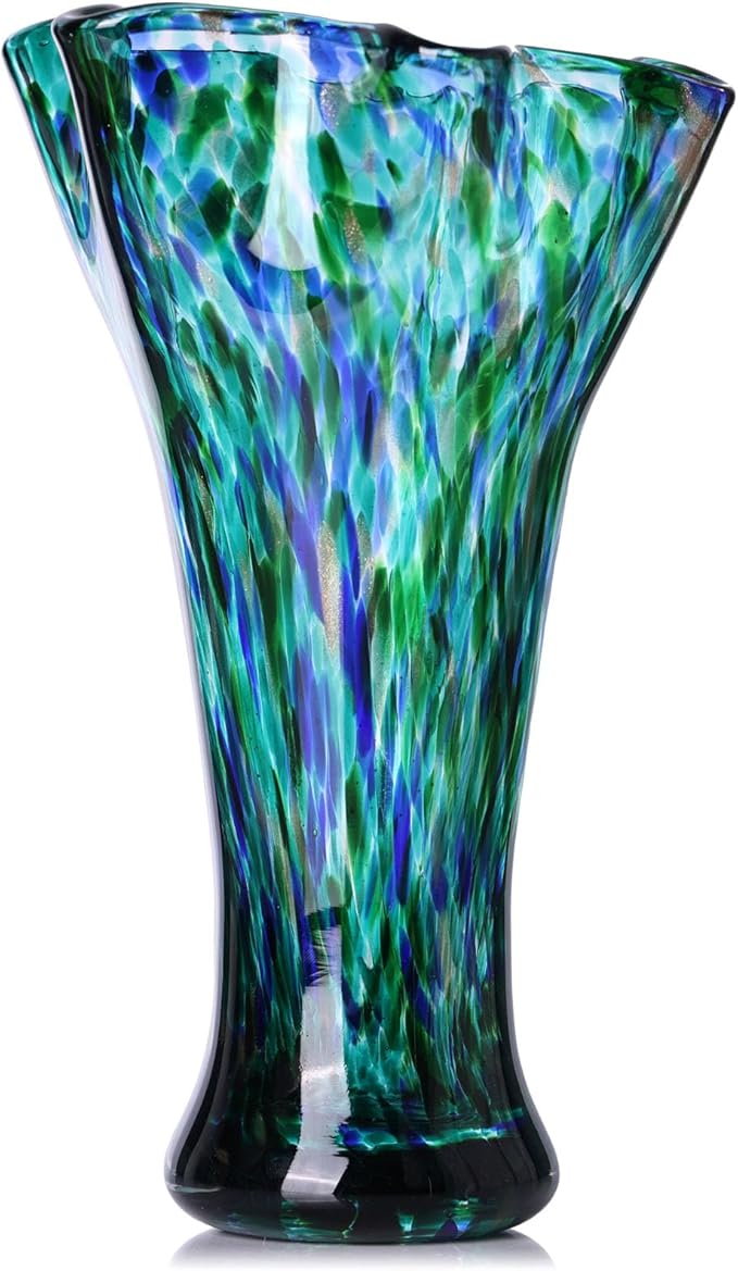 9.8" Tall Teal Blue Hand Blown Glass Vases for Home Decor,Modern Wide Mouth Ruffle Flower Vase Table Centerpieces,Colored Coastal Sea Glass Art for Bookshelf,Bathroom,Counterto,Wedding