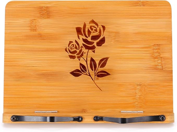MEGREZ Bamboo Book Stand 11 x 8.0 inch, Foldable Cookbook Holder with 6 Adjustable Height, Reading Book Holder for Recipe, Music Book, Textbook, Tablet Stand, Rose