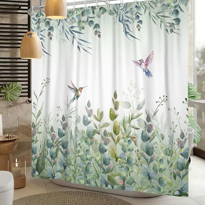 Green Leaf Shower Curtain Colourful Bird Eucalyptus Bathroom Curtain Plant Leaves Botanical Hummingbird Spring Summer Shower Curtain Sets for Bathroom Extra Long 72x84 in with 12 Hooks