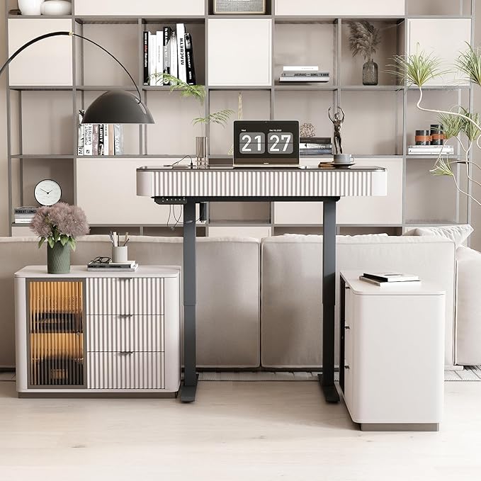 Lartis Office Desk, Electric Standing Desk with Built-in Outlets, Tempered Glass Top Modern Office Computer Desk with 2 Side cabinets (Ivory White, 50)