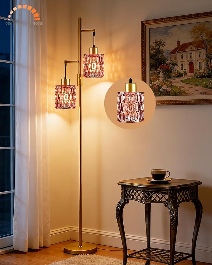 Lightdot 65IN Industrial Gold Floor Lamp for Living Room, 2- Light Deep Red Glass Floor Lamps with Warm White Bulbs, Modern Farmhouse Tree Standing Tall Lamp with 5Lbs Heavy Base for Bedroom