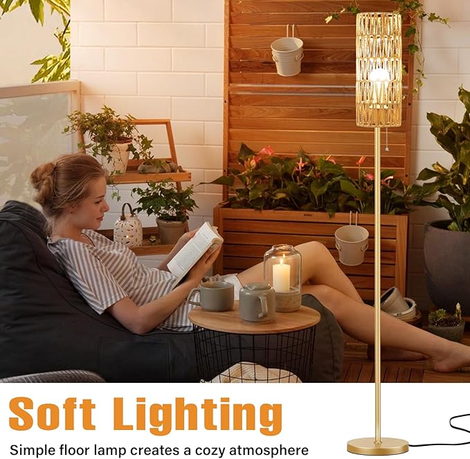 Ambimall 64'' Floor Lamp for Living Room with 3 Color Temperatures Bulb, Boho Gold Standing Lamp with Beige Rattan Shade