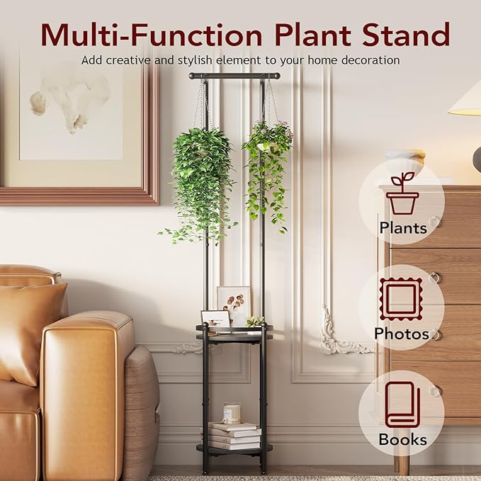 Homsorout Plant Stand Indoor Outdoor - Heavy Duty Metal 2-tier Hanging Plant Holder Space-Saving Iron Plant Stands Tall Plant Shelf for Living Room Garden Balcony（Black）