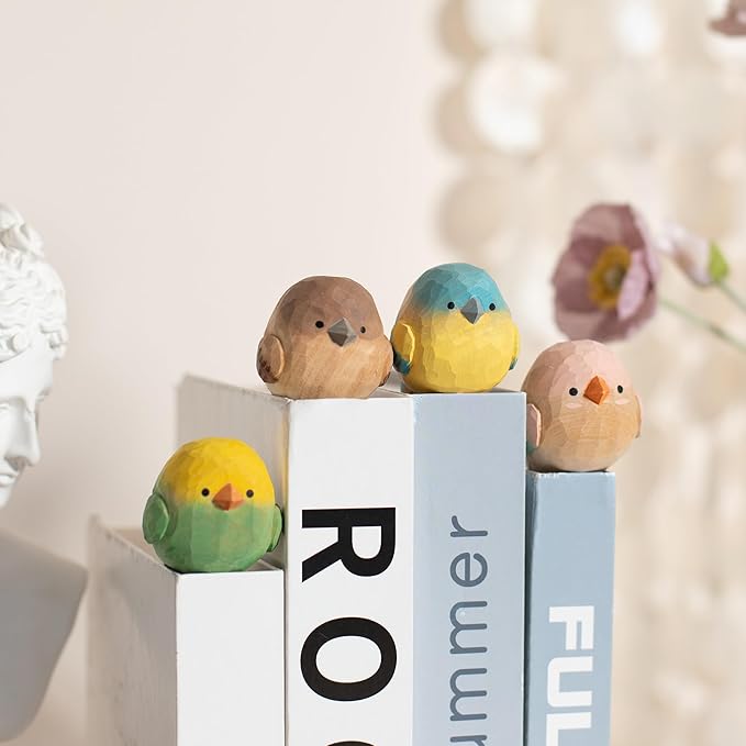 Hand-Carved Wooden Bird Figurines Set of 4 – Rustic Colorful Mini Birds Statues for Farmhouse Tabletop Décor, Cottage Chic Ornaments, Spring Decorations & Gift for Bird Lovers
