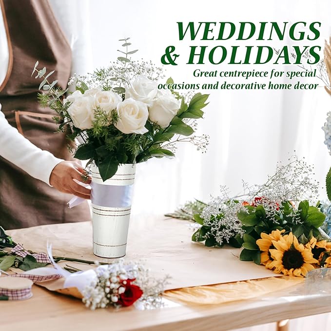 9 Inch High Galvanized French Bucket Vase with Handle 6Pcs White Metal Farmhouse Flower Vases Ideal for Dried Floral Arrangements at Home for Weddings Gift Spa and Aromatherapy Settings O4