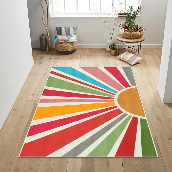 STARUIA Boho Washable Rug 4'x6' Kids Area Rug for Playroom, Non-Slip Kids Rug for Bedroom, Rainbow Modern Sun Carpet Soft Throw Sunshine Rugs for Office Nursery Entryway Dorm
