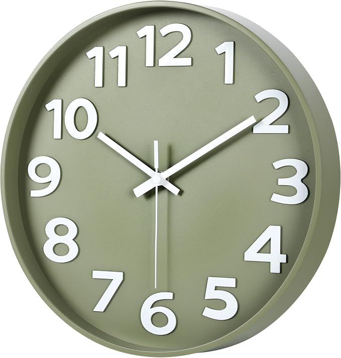 45MinST 12 Inch 3D Number Dial Face Modern Indoor Outdoor Clock, Silent Non-Ticking Round Home Decor Wall Clock with Arabic Numerals, Colorful Dial Face (Olive Green)