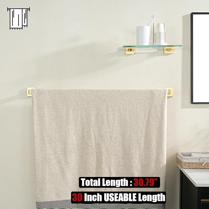 JQK Gold Towel Bar, Rounded Edges 32.36 Inch Towel Rack, 304 Stainless Steel Bathroom Wall Mount, Useable Length 30 Inch, TB250L30-BG