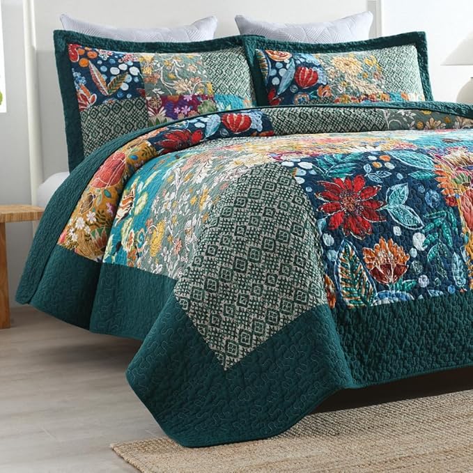 ENASAL Cotton Bedspread Quilt Sets Reversible Bedding Coverlet Sets Comforters, Patchwork Vintage Floral Turquoise Bedspread, King Size